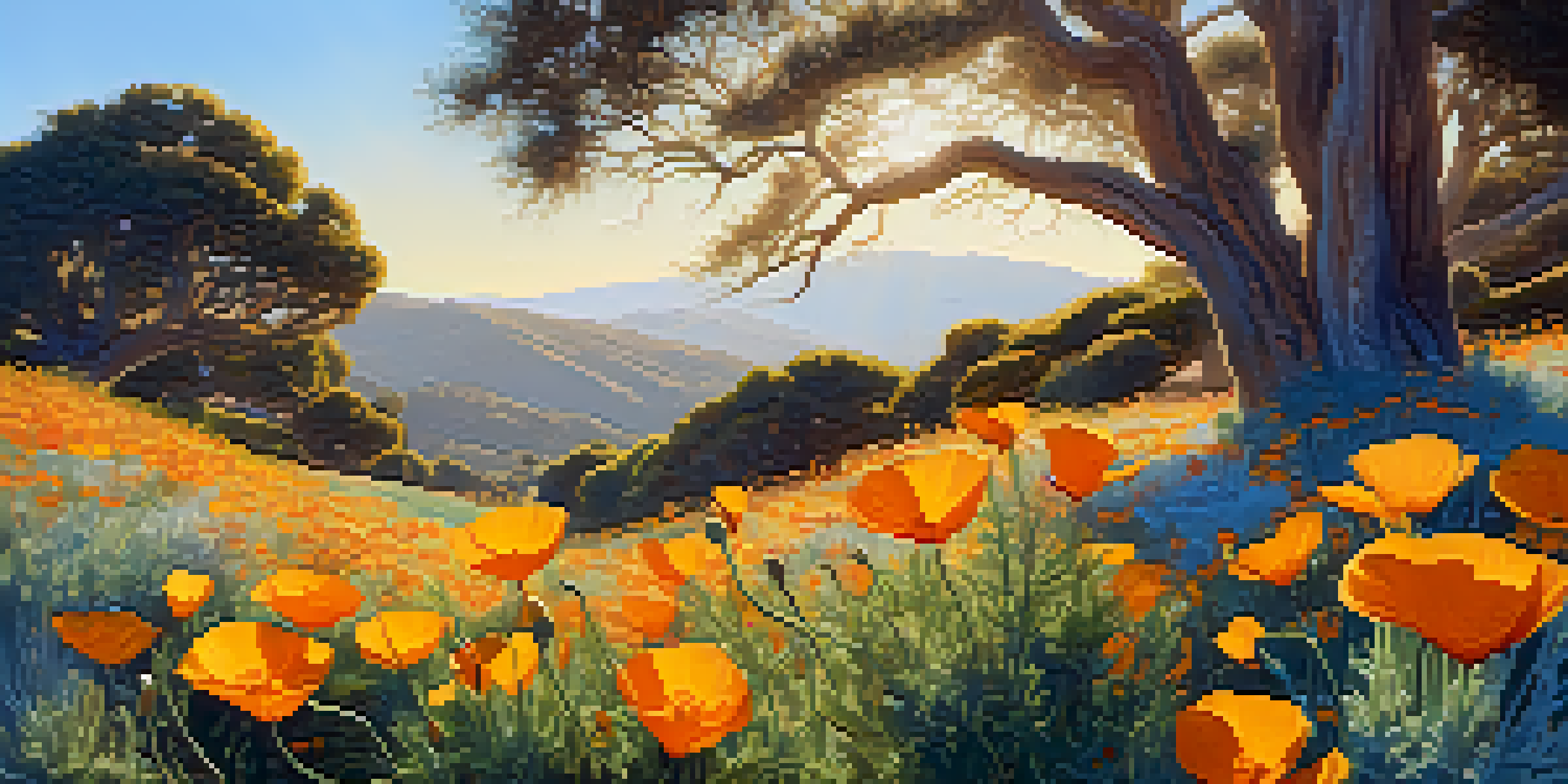 A colorful sustainable garden filled with native plants like California poppies, under a sunny sky with a bee pollinating a flower.