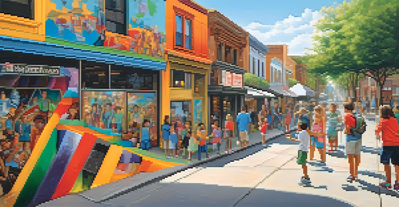 Families explore the vibrant Funk Zone, with children pointing at colorful murals and parents capturing the moment in a lively street setting.