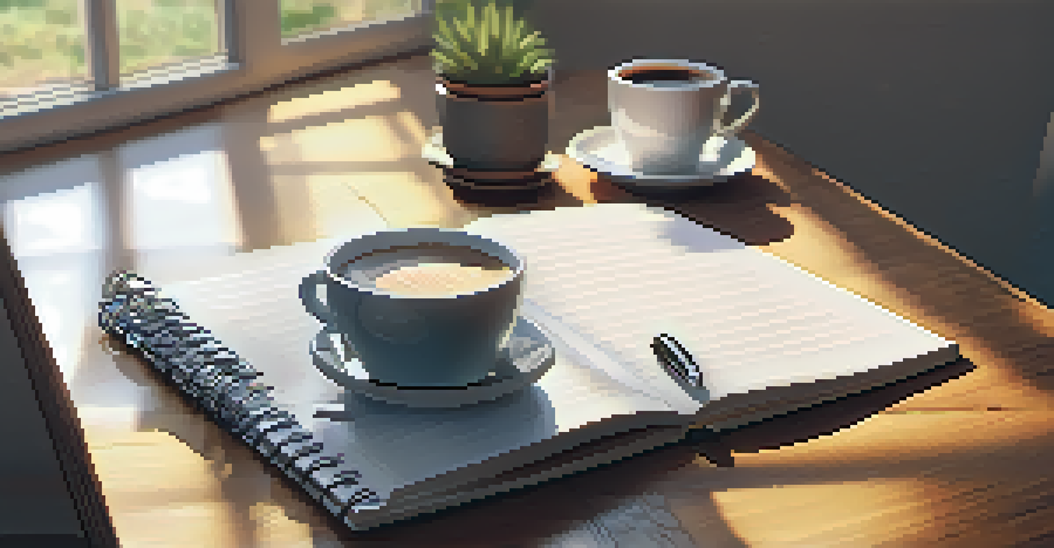 A notebook with written goals and a pen on a wooden table, next to a cup of coffee, illuminated by soft morning light.