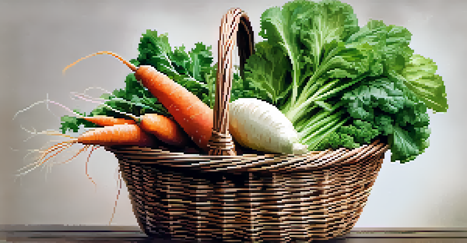 A close-up of a basket filled with fresh vegetables, showcasing vibrant colors and textures with water droplets on the leaves.