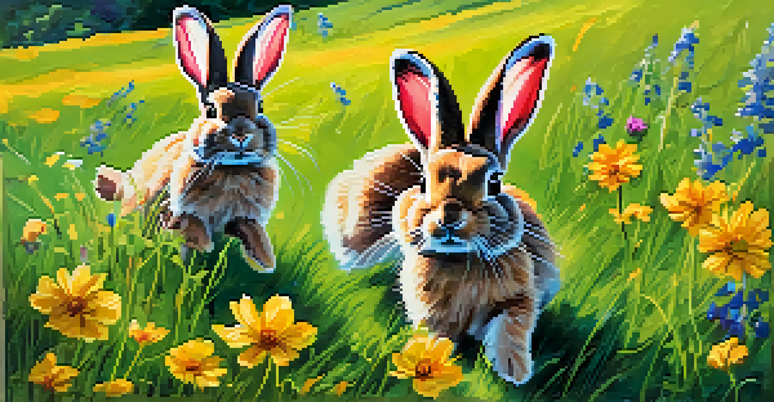 A family of rabbits playing in a sunny meadow filled with wildflowers.