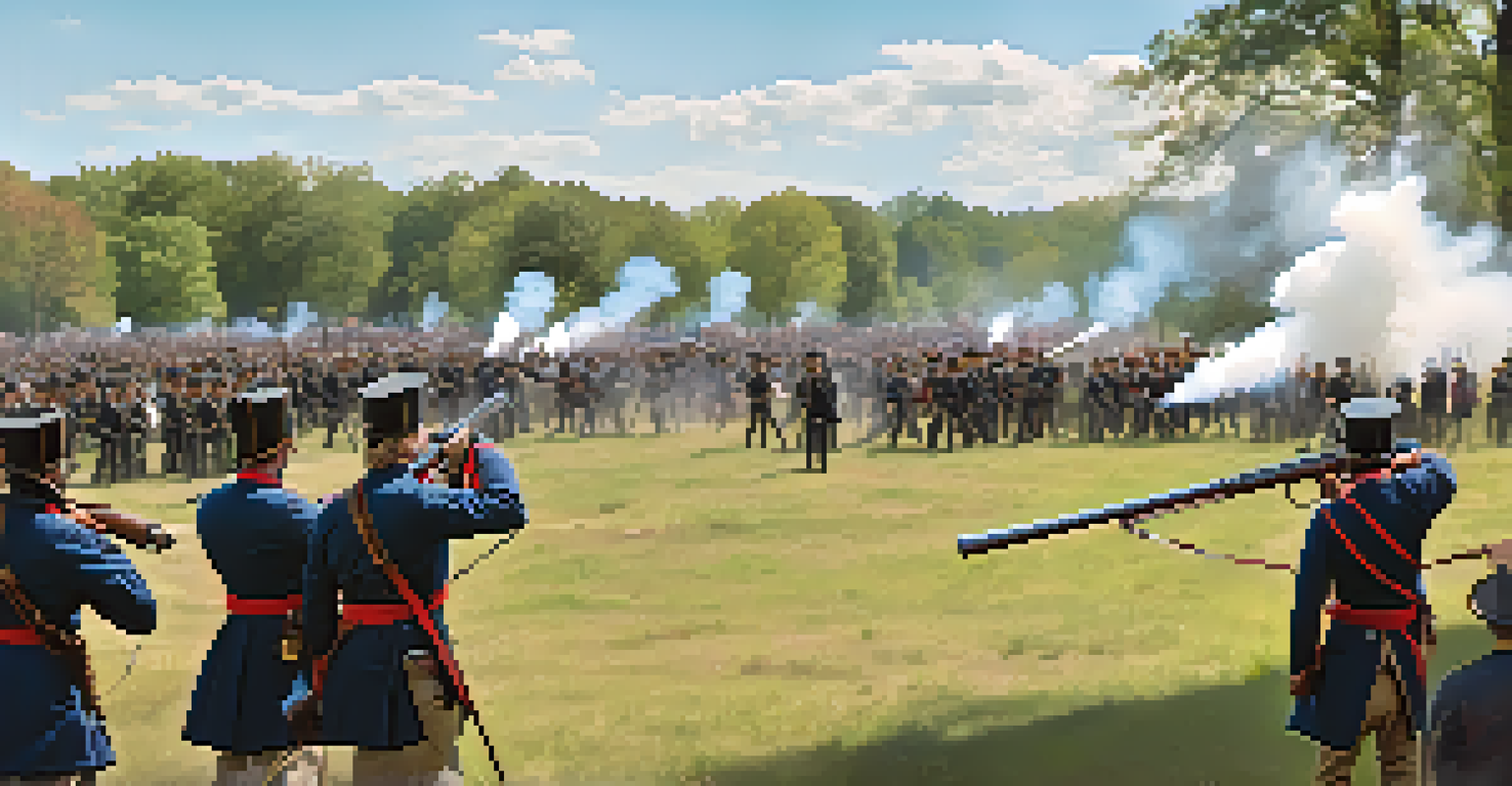Civil War reenactors in period uniforms engaging in a tactical demonstration with cannon fire effects in a park filled with spectators.