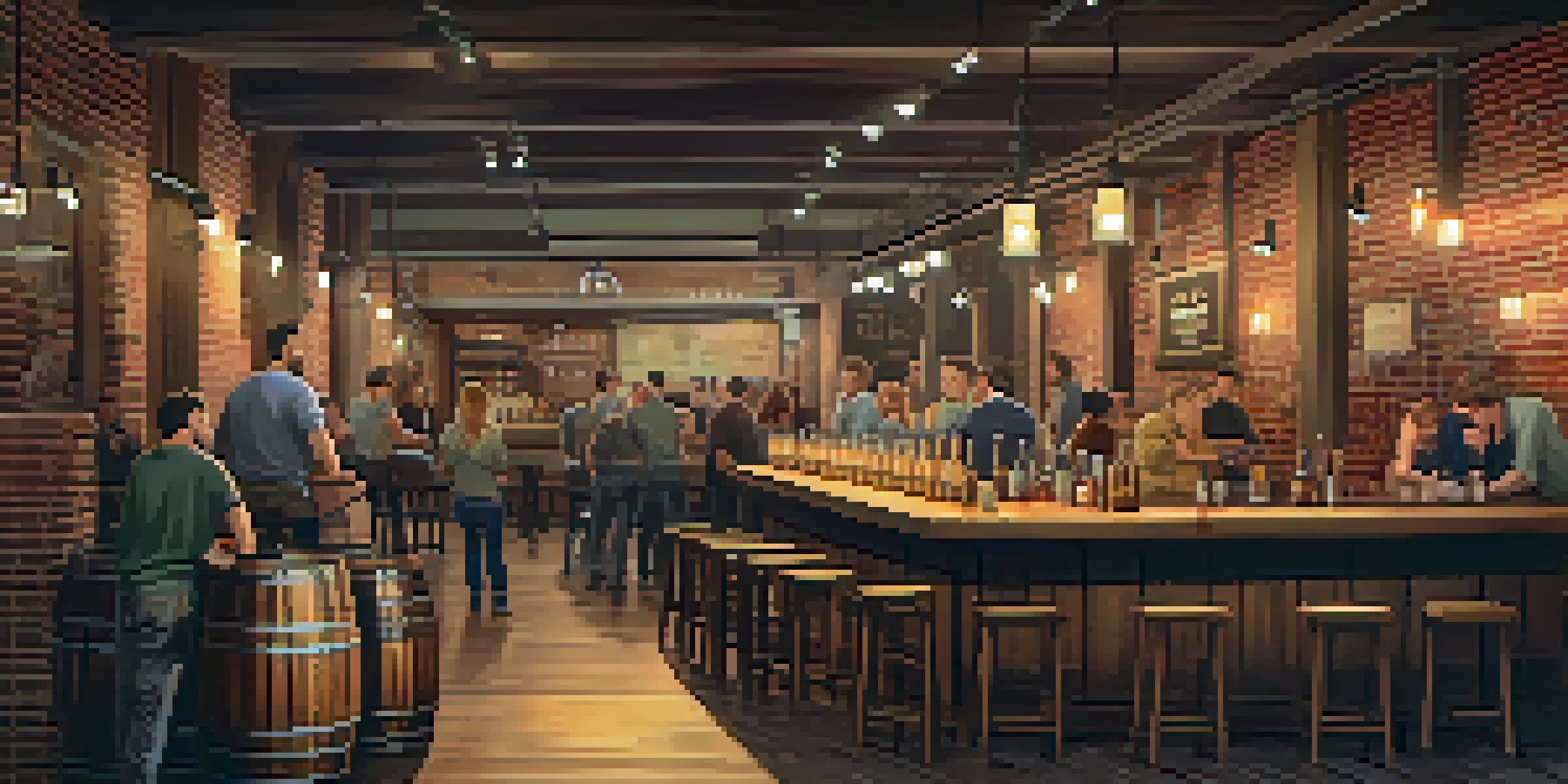 A warm and inviting brewery interior with patrons enjoying craft beer at wooden tables, surrounded by barrels and brewing equipment.