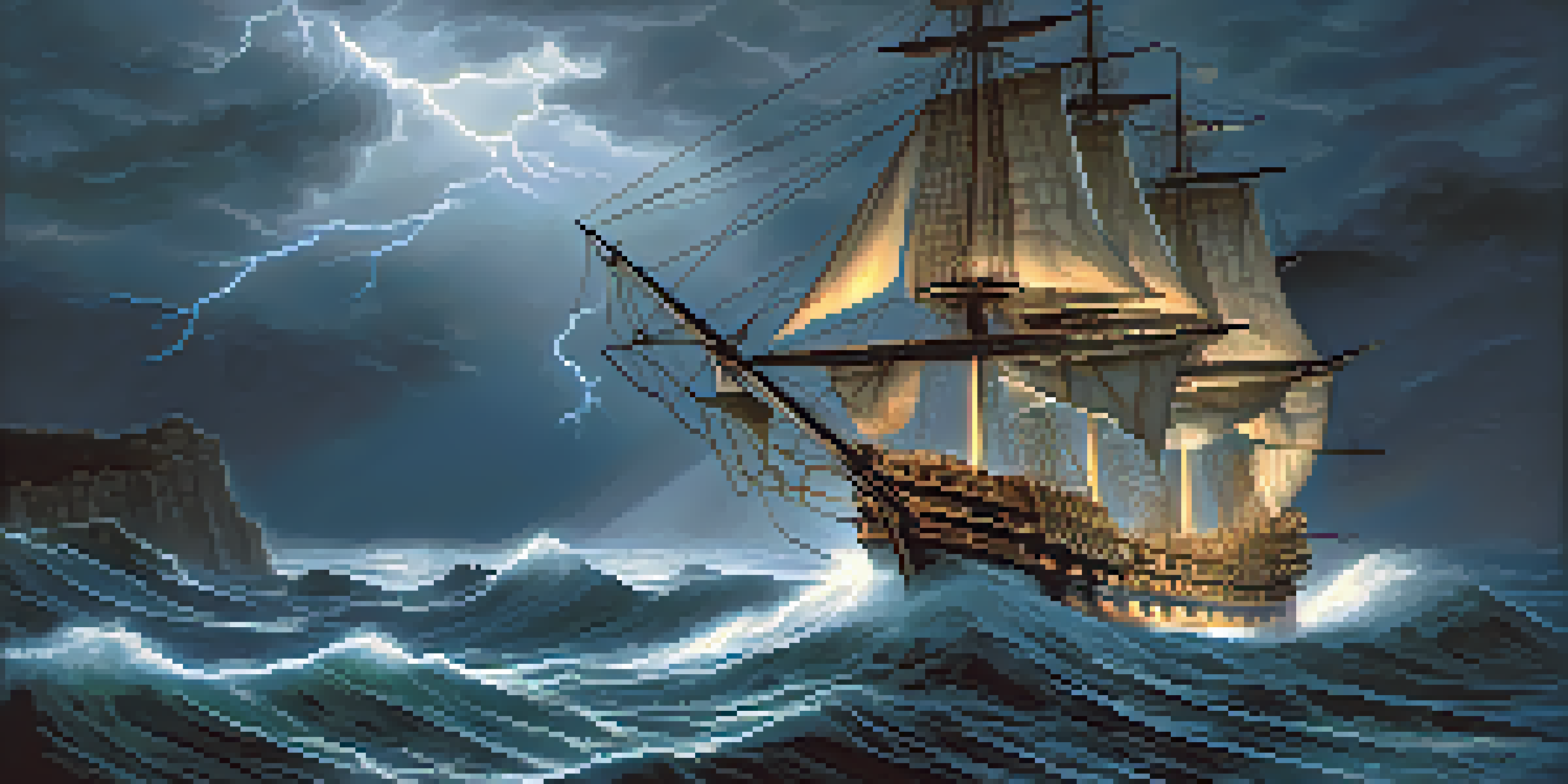 A ghostly ship sailing through a storm, glowing against the dark sky.