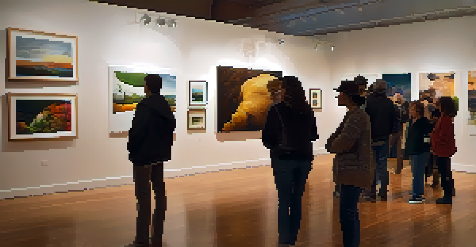 An indoor art exhibition featuring visual art and film screenings with attendees engaging in discussions.