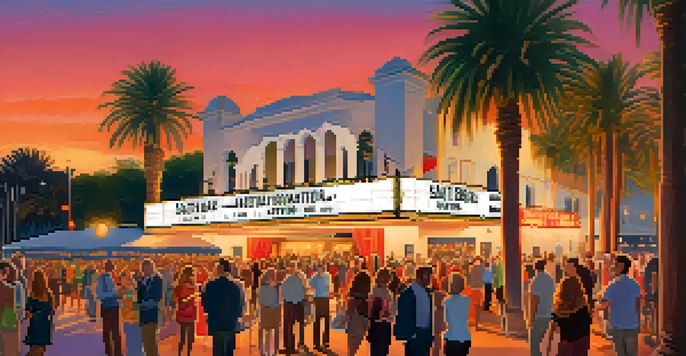 A lively outdoor film festival scene in Santa Barbara, with diverse attendees, a historic theater, and a warm sunset background.