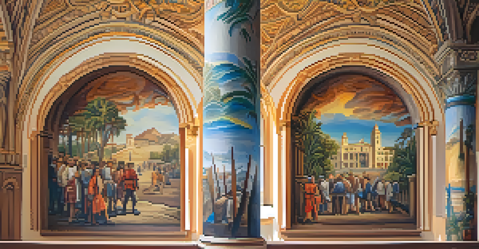Close-up of vibrant historical murals in the Santa Barbara Courthouse, showcasing California's history with intricate details.