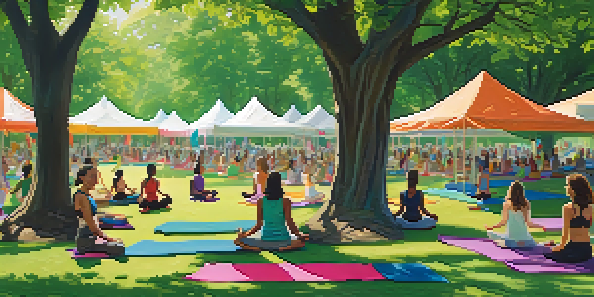 A peaceful outdoor wellness festival with people practicing yoga on mats in a green park, surrounded by trees and colorful tents.