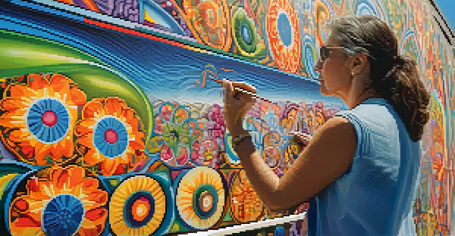 An artist painting a large mural with bright colors, surrounded by people admiring her work.