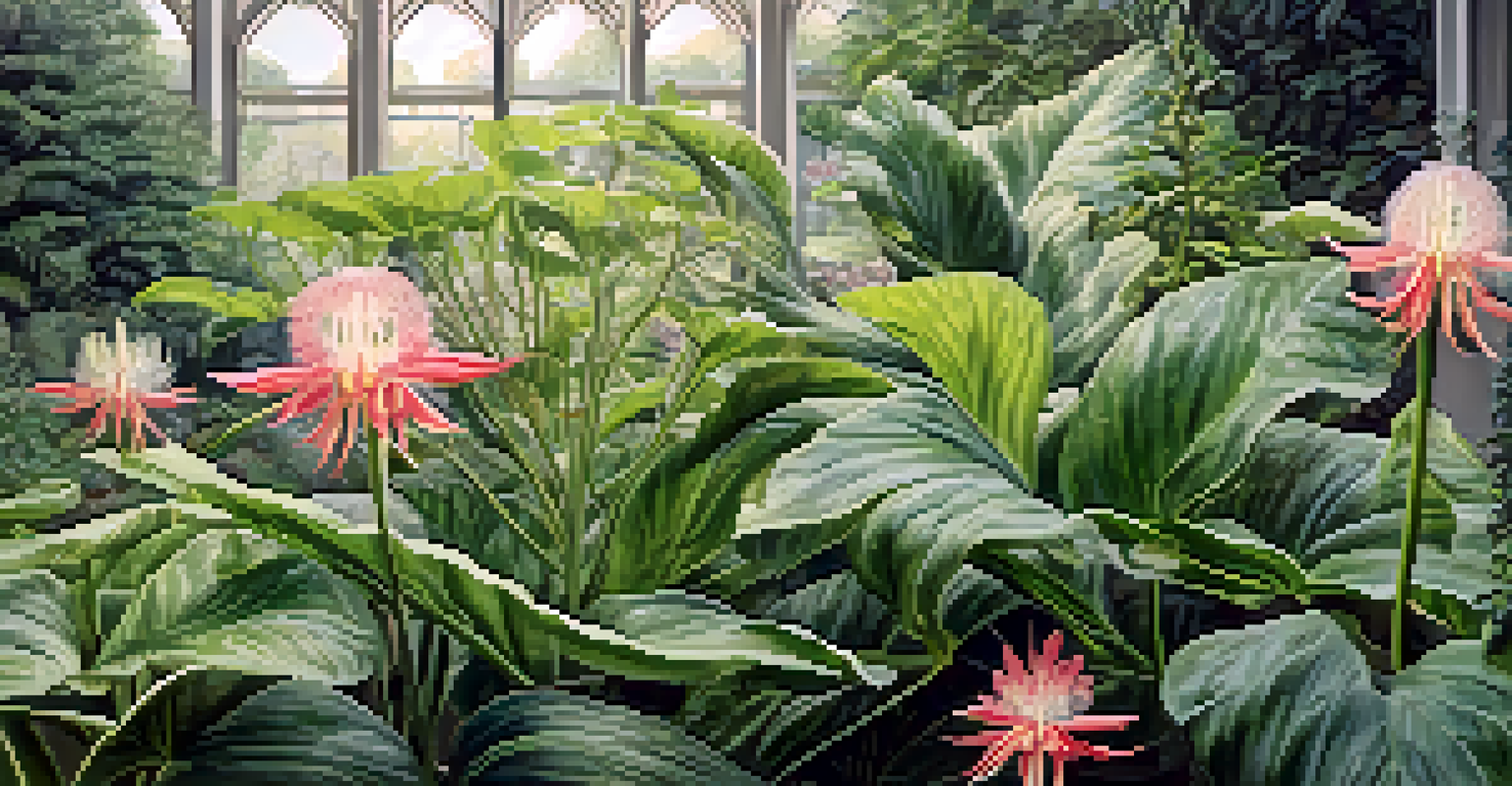 A close-up of a rare plant in a botanical garden, with detailed leaves and flowers, alongside a sign about its conservation status.