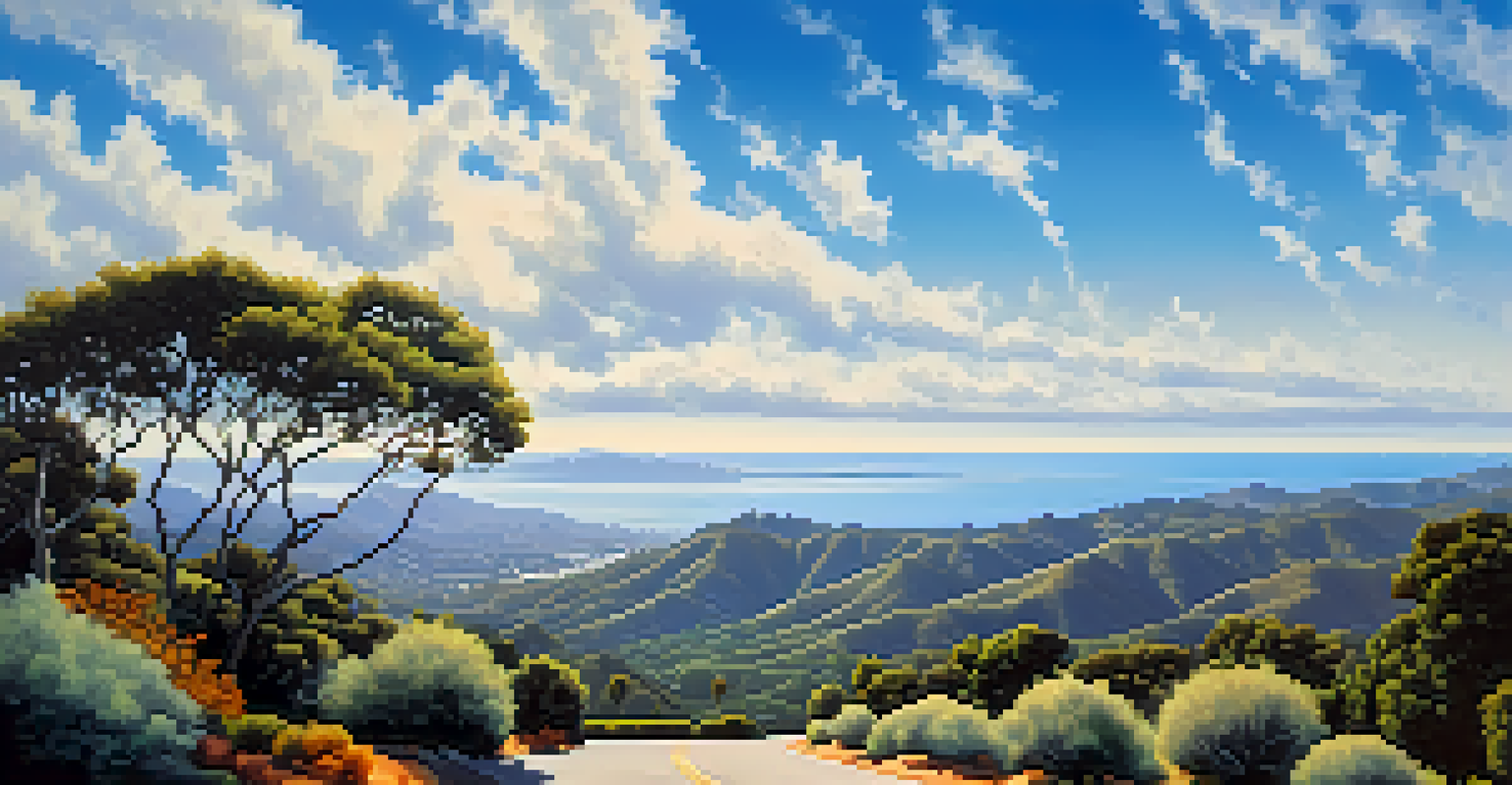 View from East Camino Cielo showing lush landscape, winding road, mountains, and ocean under a blue sky.