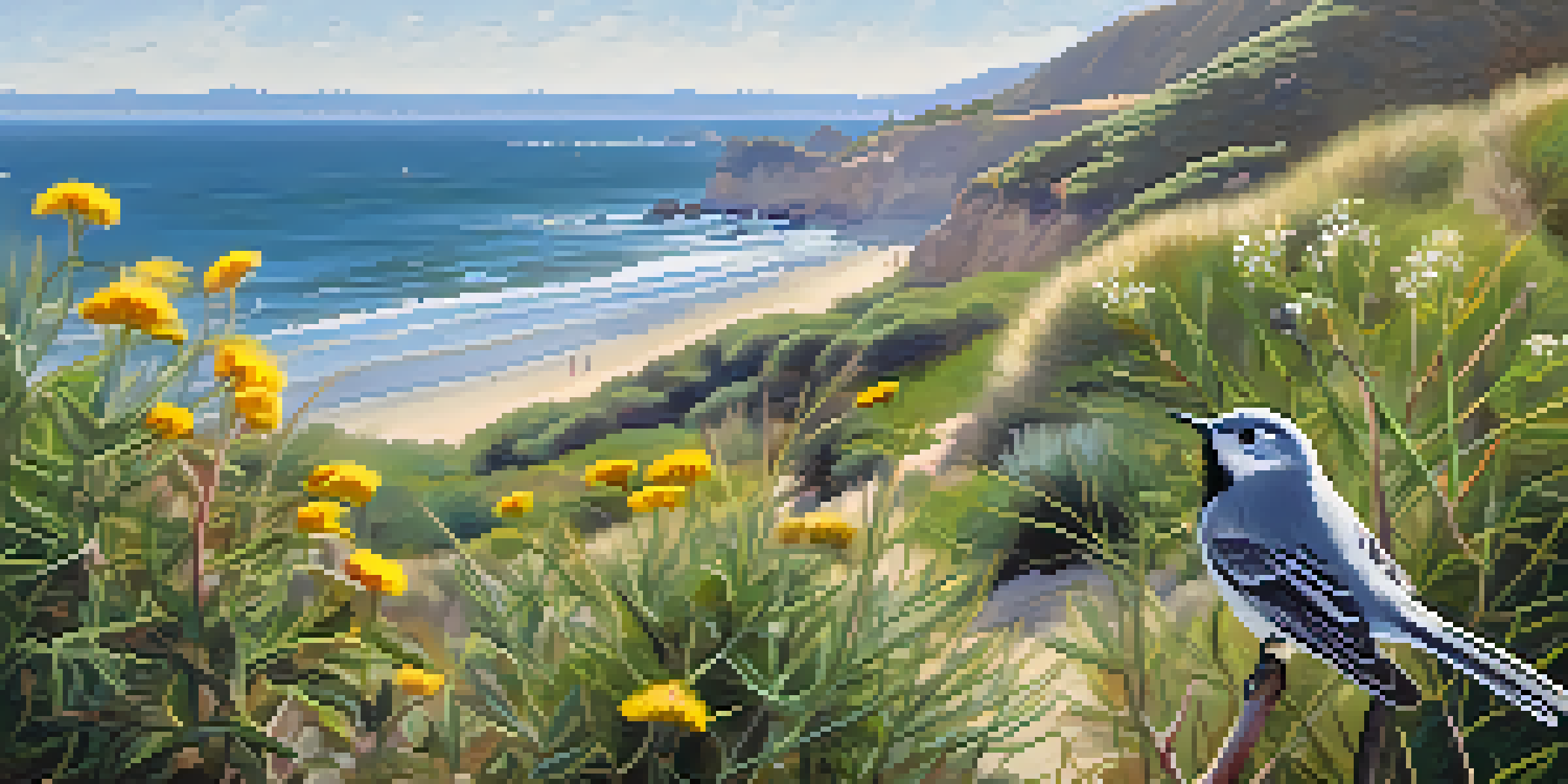 A peaceful coastal view of Santa Barbara featuring colorful native plants and a California Gnatcatcher bird, with the ocean in the background.