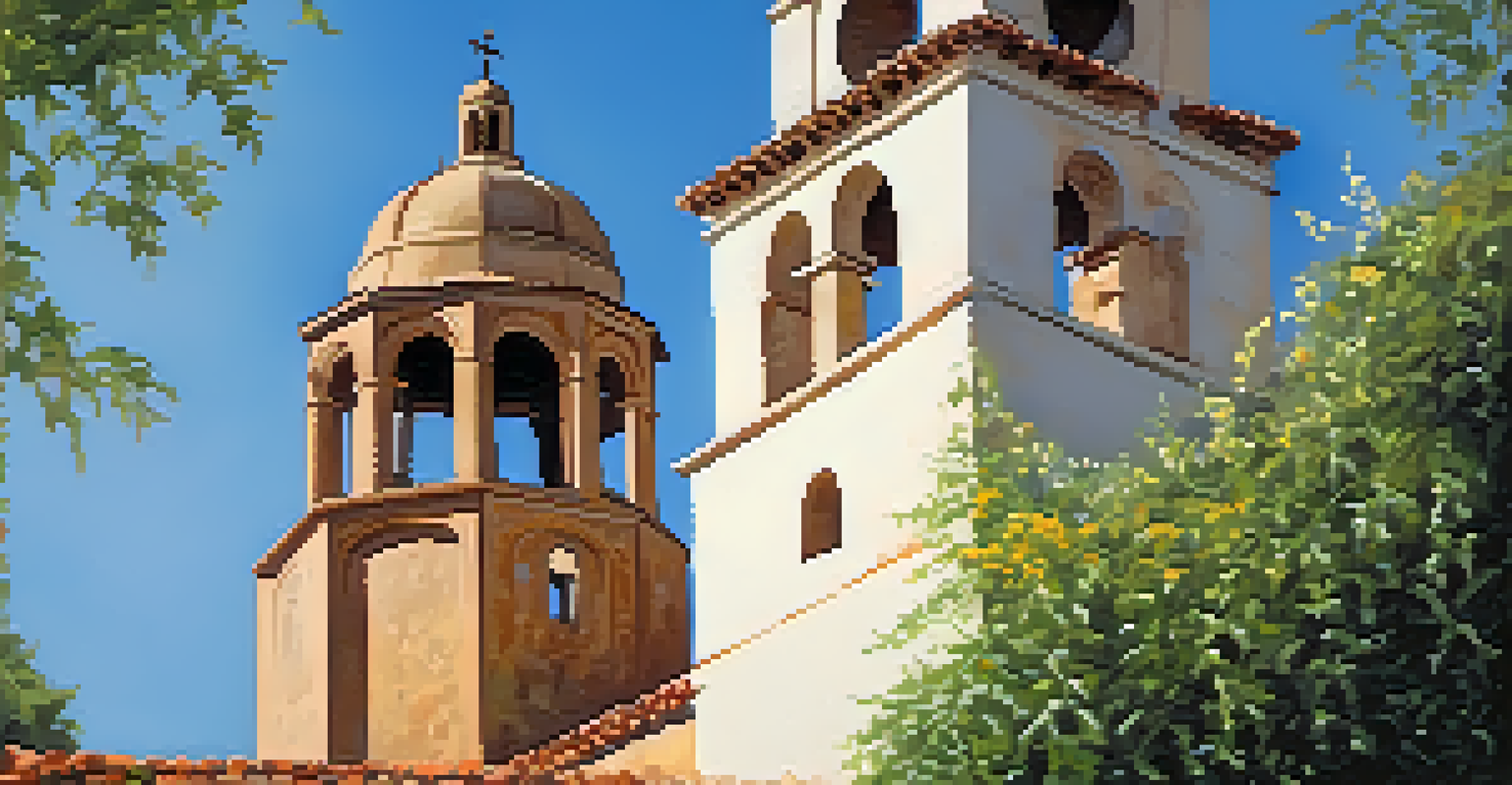 A close-up view of the Santa Barbara Mission's bell tower, featuring vines and flowers against a bright blue sky.
