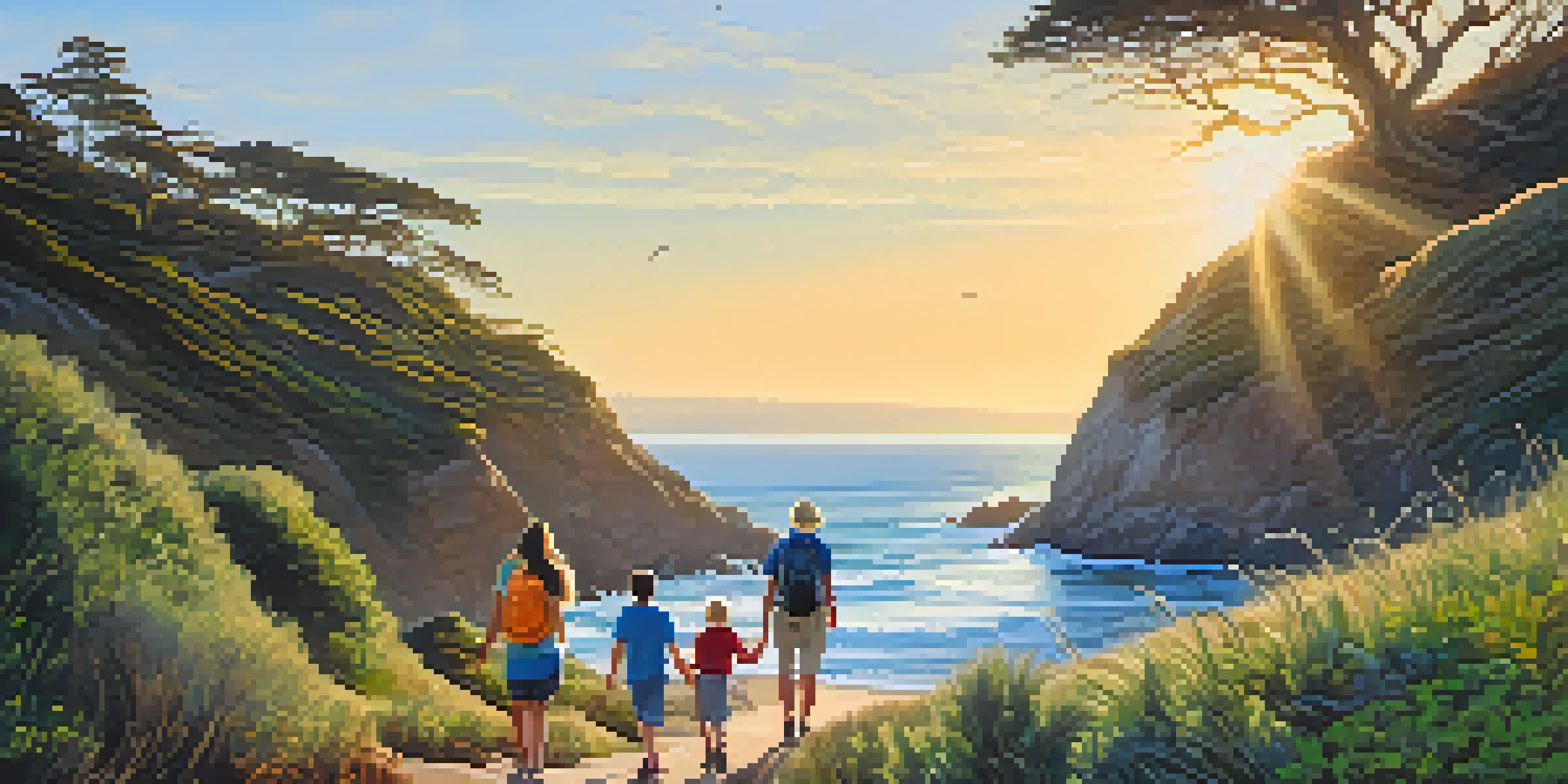A family hiking along a coastal trail with ocean views, children pointing at dolphins and birds in the sky.