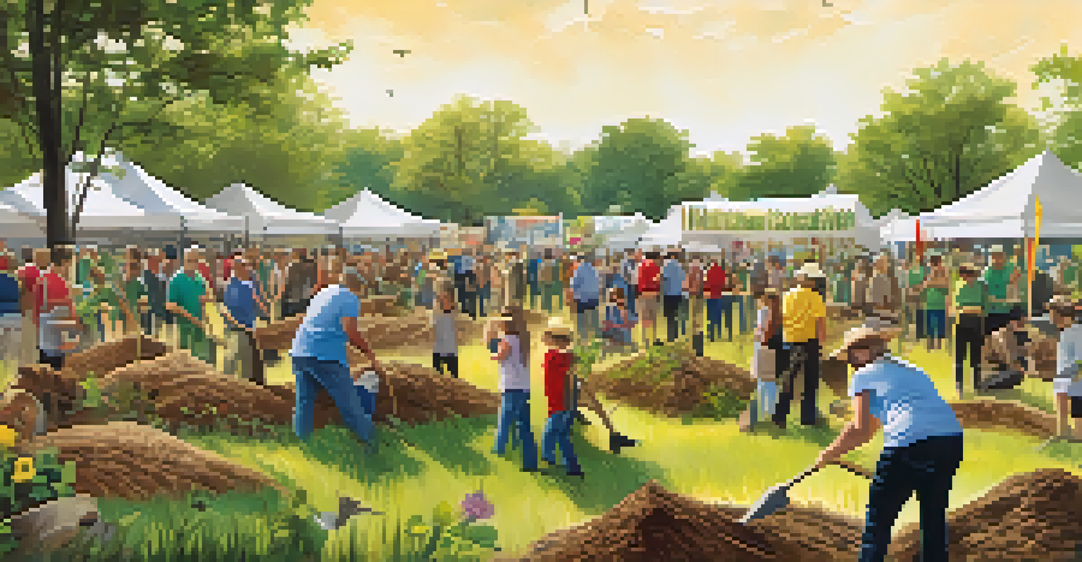 Local residents participating in a community event to plant trees along a wildlife corridor, with banners promoting conservation.