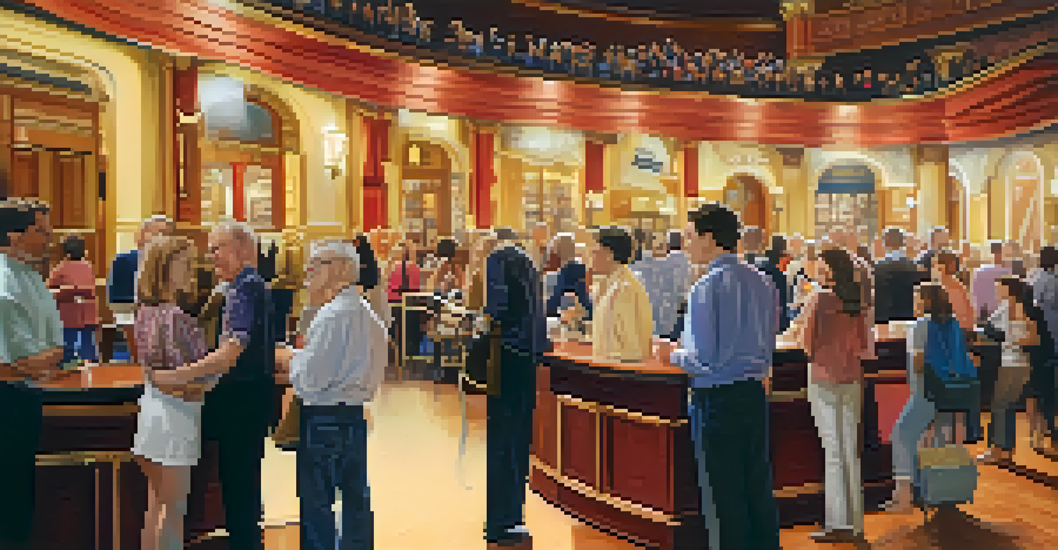 A close-up of a theater program in a patron's hand, with a blurred lobby scene in the background.