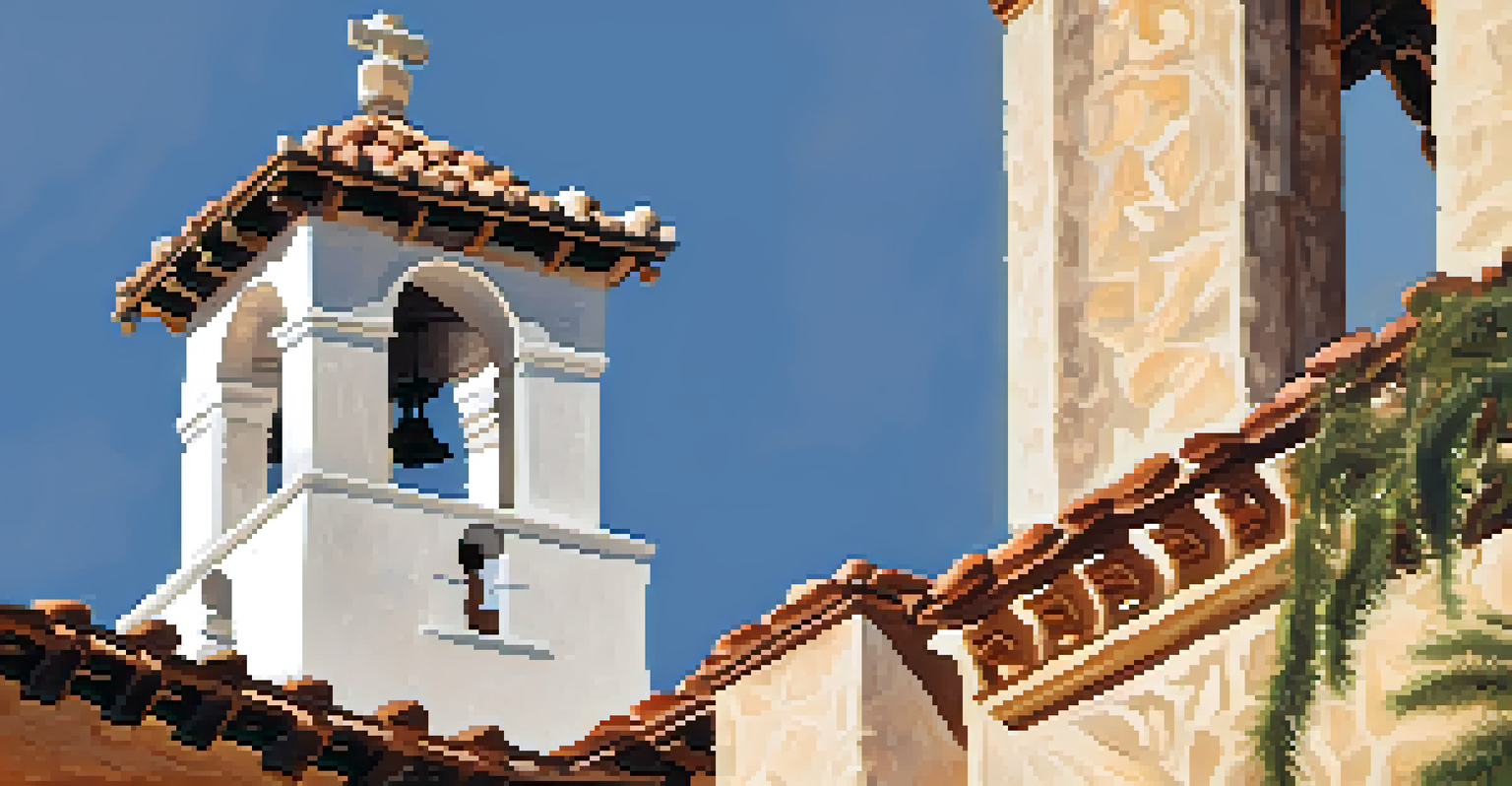 A detailed close-up of the bell tower at Santa Barbara Mission, showing historic bells and decorative tilework.