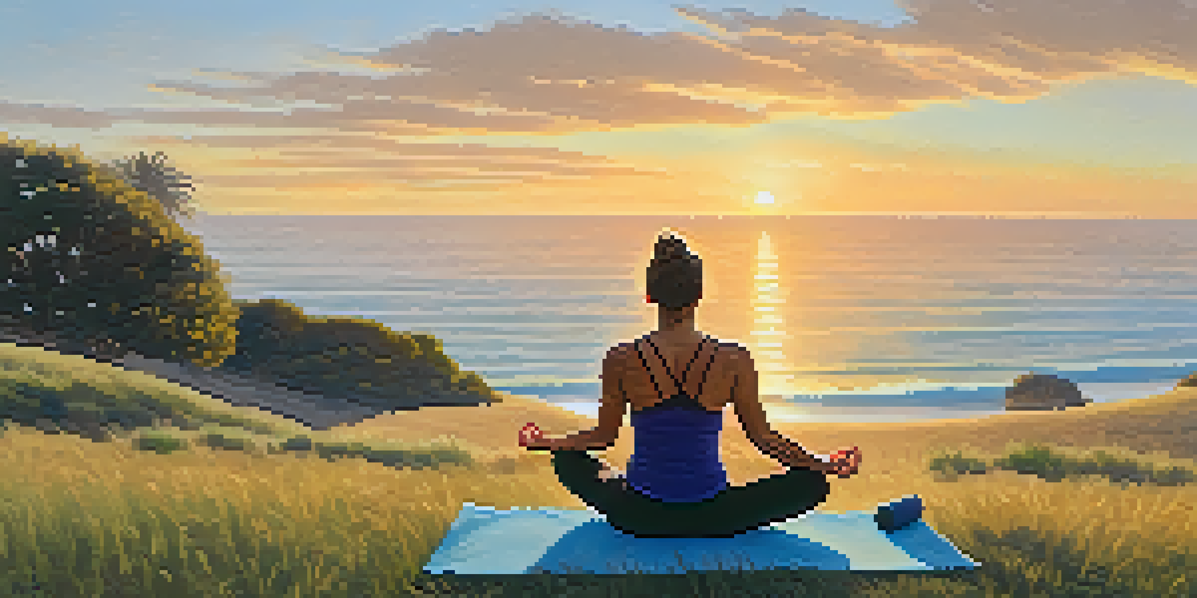A person practicing yoga on a grassy knoll at sunrise, with the ocean and a colorful sky in the background.
