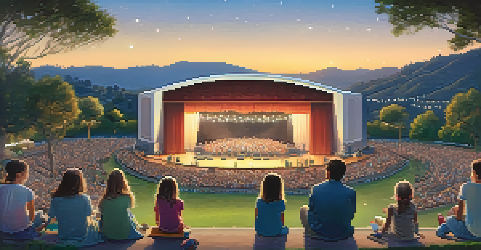 Families enjoying a concert at the Santa Barbara Bowl under a sunset sky, with children dancing and parents relaxing on the grass.