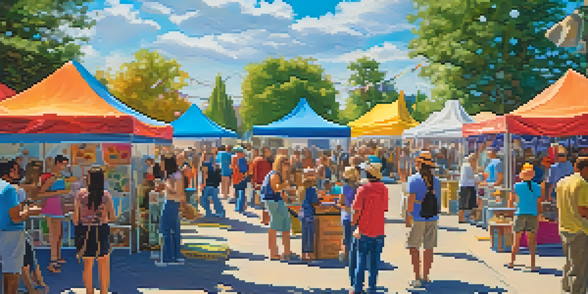 A bustling outdoor art festival with artists showcasing their work and attendees enjoying the vibrant atmosphere.