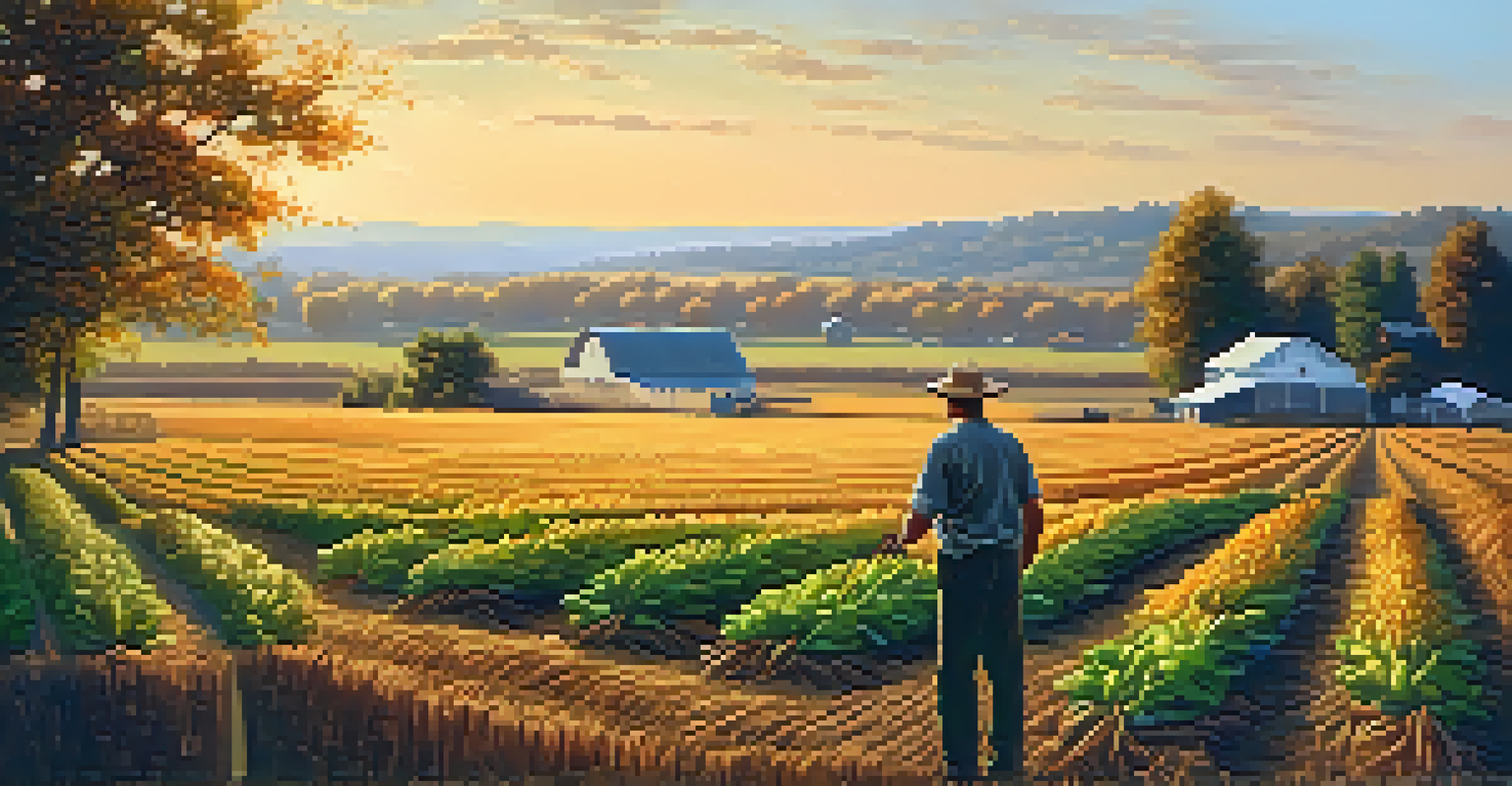 A picturesque local farm during harvest season with rows of crops and a farmer inspecting the produce.