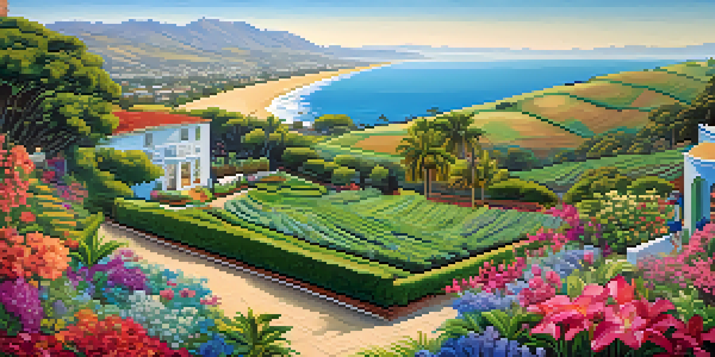 A colorful mural illustrating the coastal landscape of Santa Barbara with lush greenery and the ocean, surrounded by flowers and people appreciating the art.