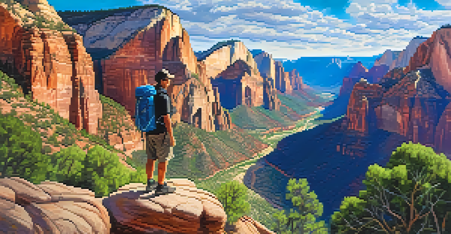 A hiker at Angel's Landing with a panoramic view of a canyon and rocky cliffs under a blue sky.