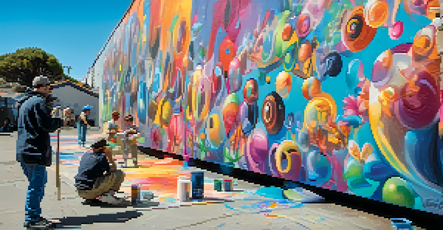 A street artist painting a large mural in Santa Barbara, surrounded by onlookers and colorful paint cans under a blue sky.