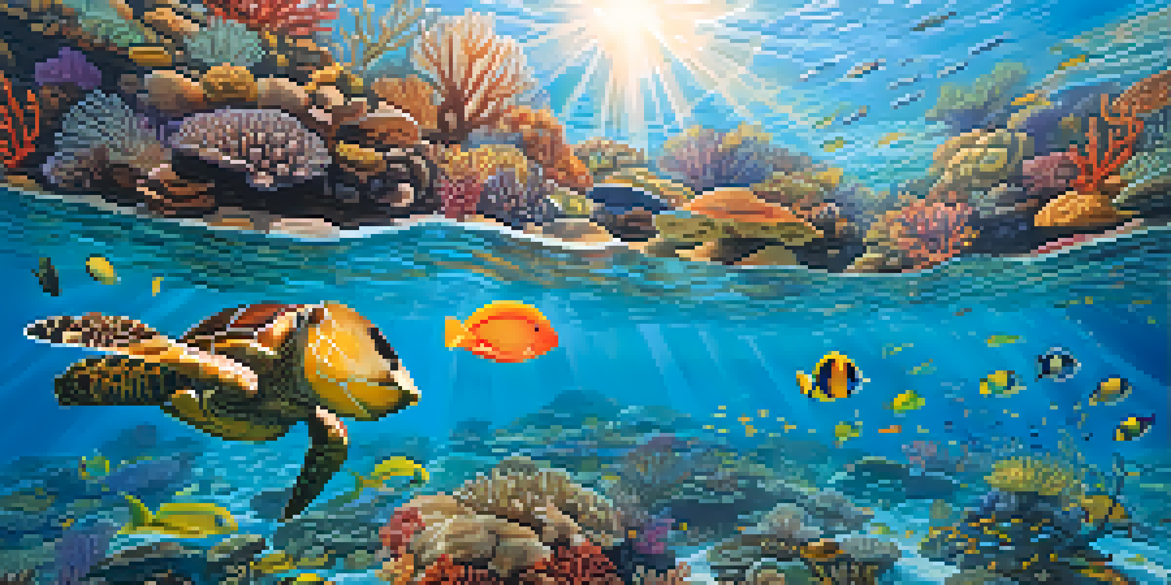 An underwater view of a colorful coral reef with various fish, sea turtles, and sunlight filtering through the water.