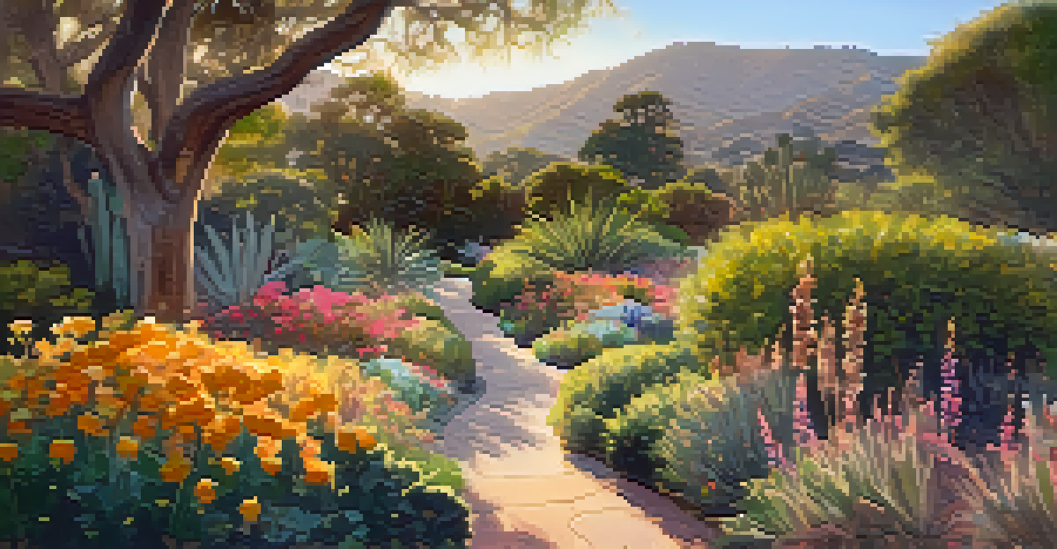 A beautifully lit Santa Barbara Botanic Garden with bright flowers and a winding path during the golden hour.