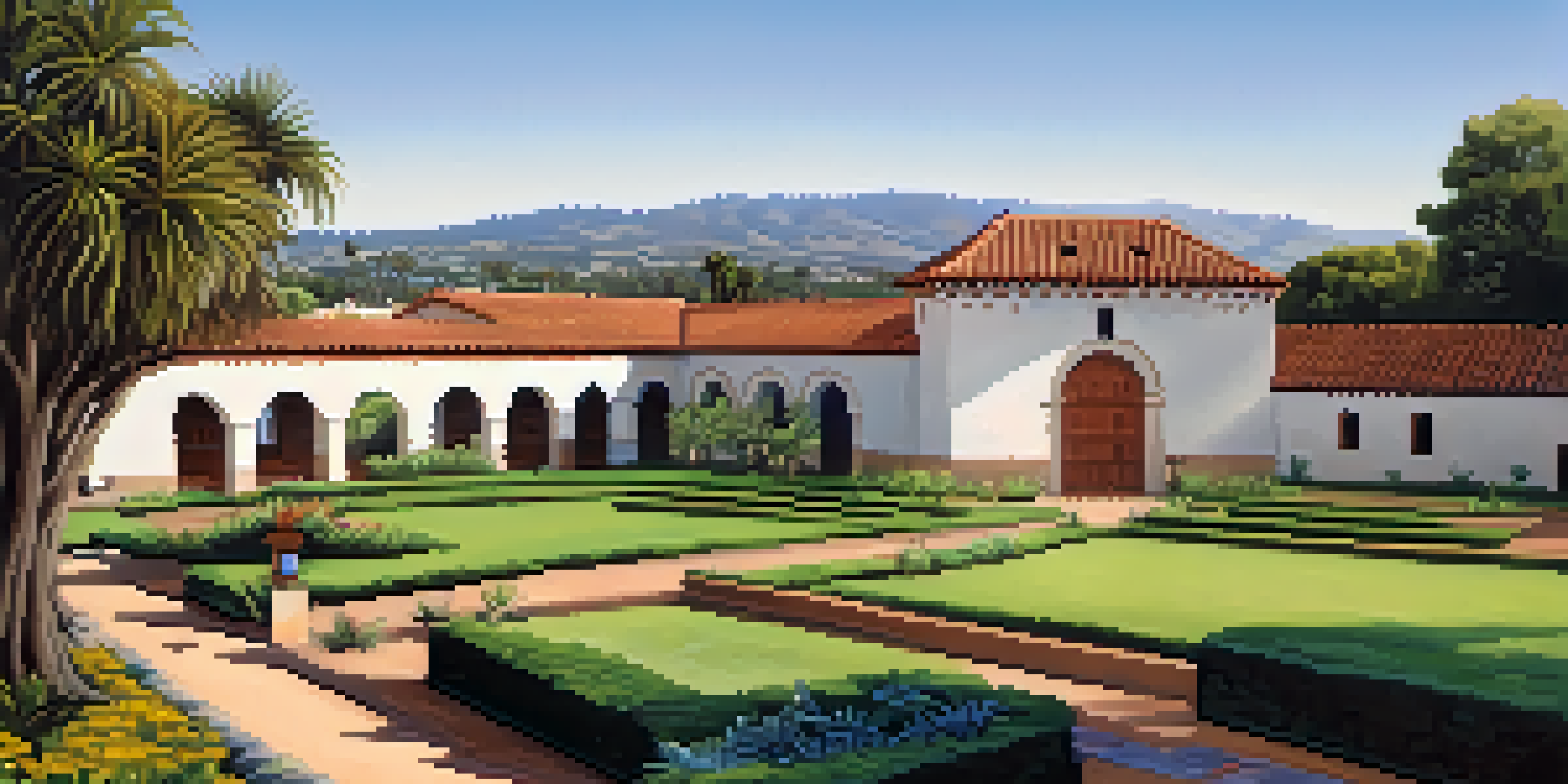 A view of the Santa Barbara Presidio today, featuring preserved adobe architecture and visitors exploring the gardens.