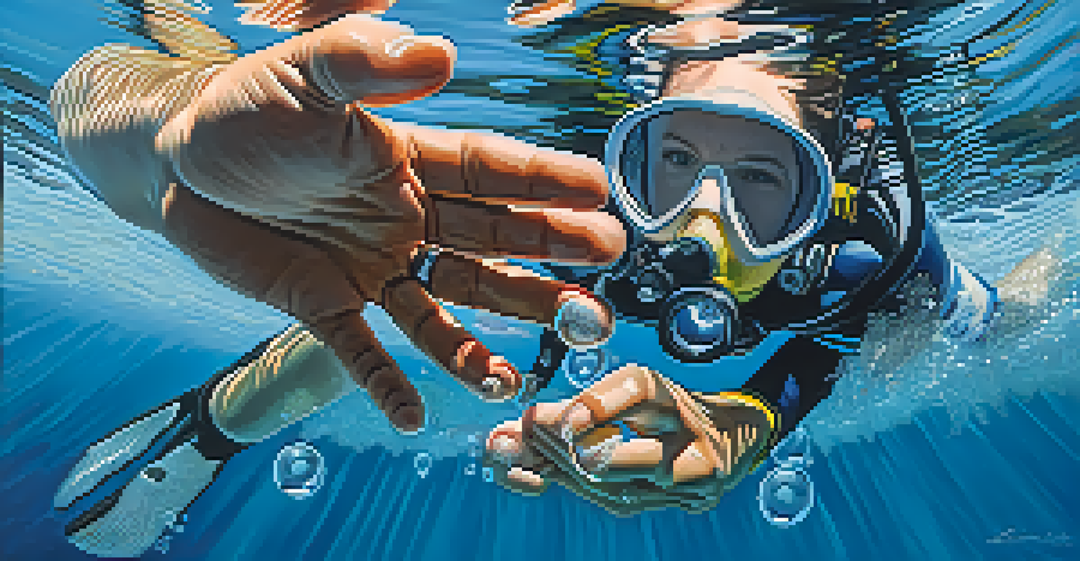 A close-up of a diver performing the Valsalva maneuver underwater, with bubbles and the ocean floor visible.