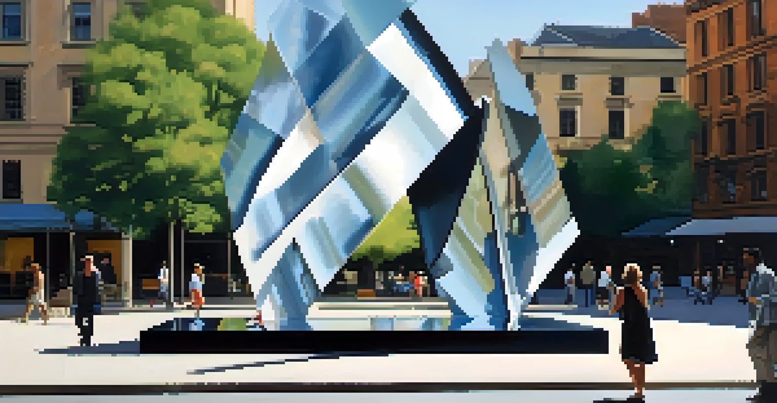 A modern abstract sculpture in a city square, surrounded by pedestrians and city buildings, reflecting light and shadows.