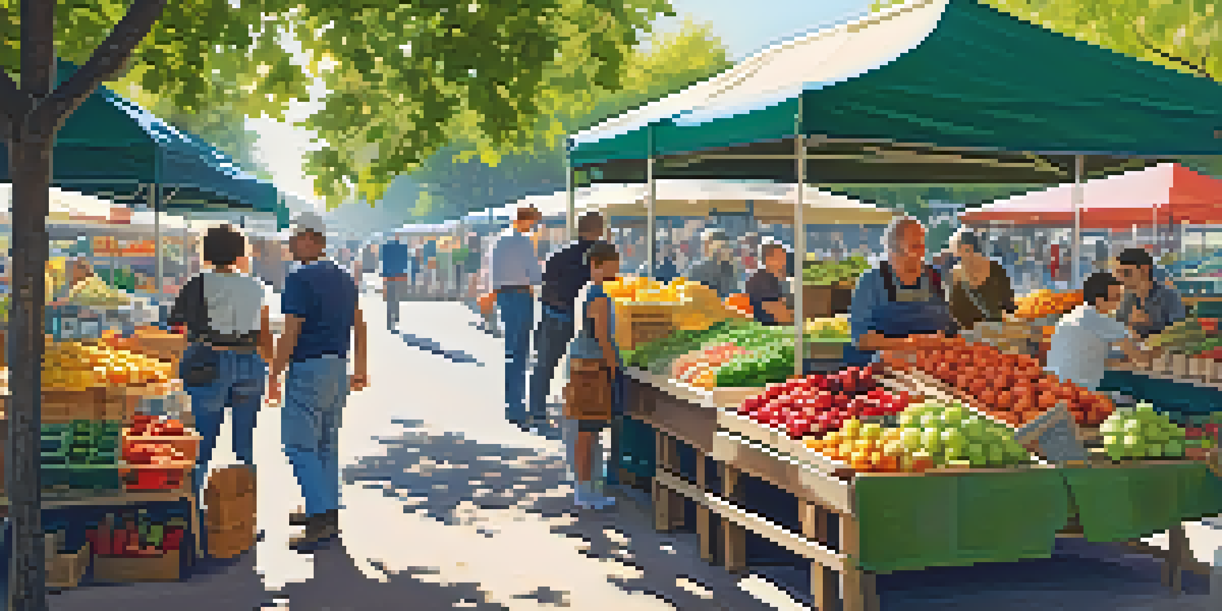 A busy farmer's market with colorful fruits and vegetables, people interacting in a sunny setting.