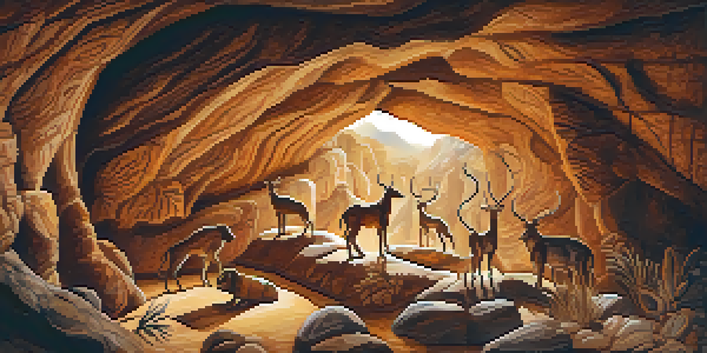 An image of an indigenous cave featuring colorful animal and human figures painted on the walls, illuminated by sunlight filtering through the entrance.