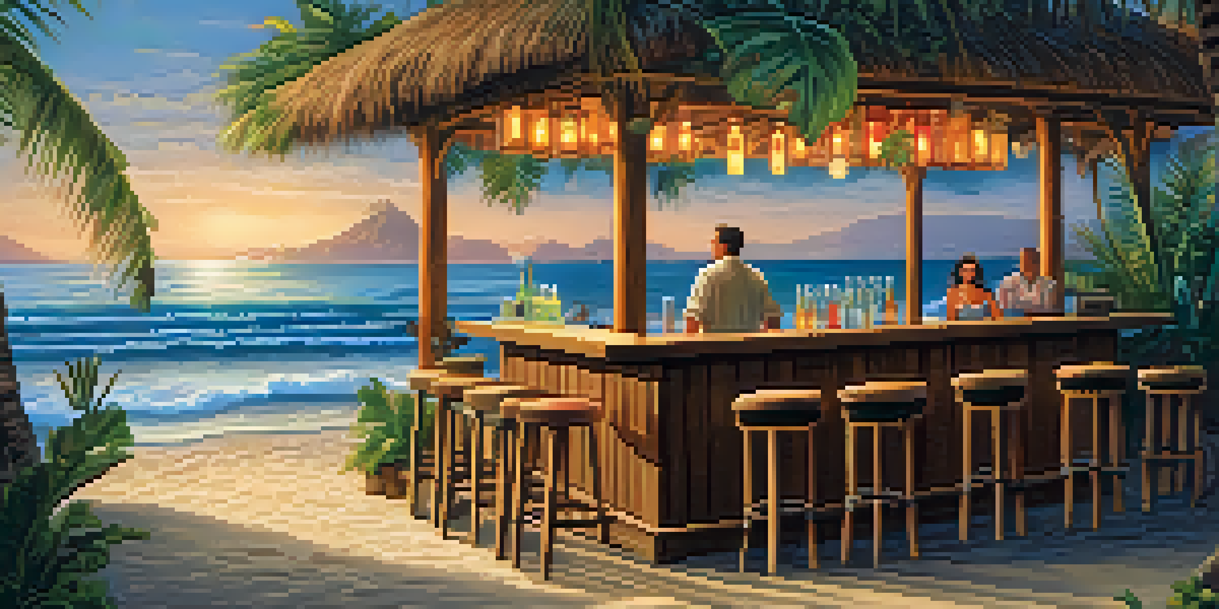 A beachside bar at sunset with outdoor seating and a bartender mixing cocktails, ocean waves in the background.