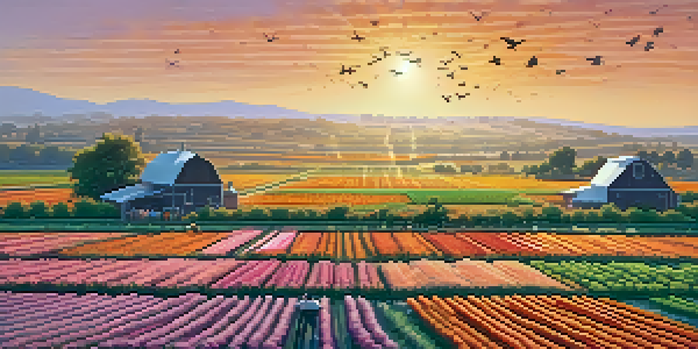 A sunrise over an organic farm with colorful vegetable rows and a farmer tending to crops.