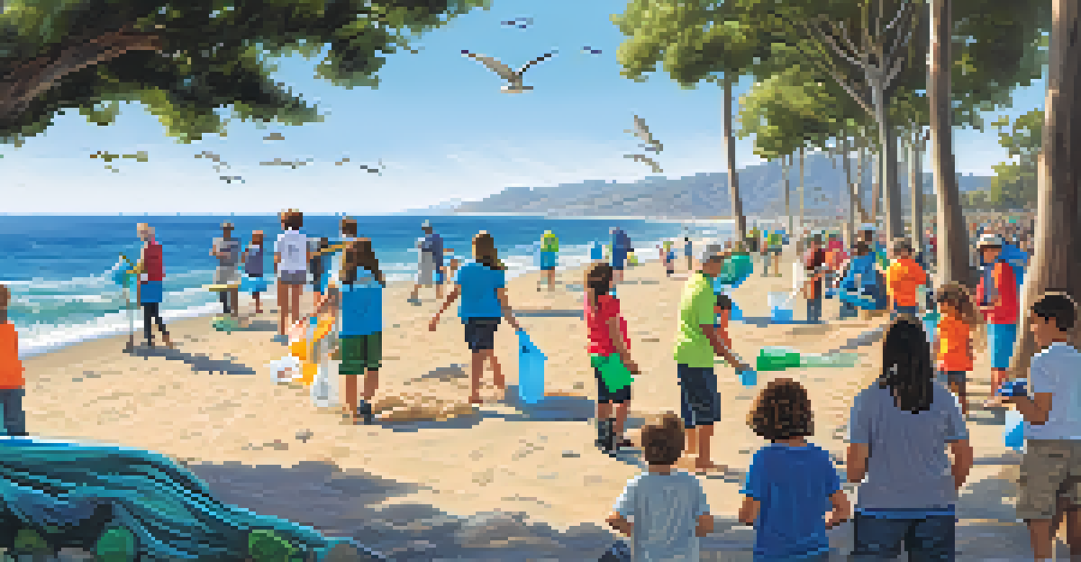 Volunteers participating in a beach clean-up event in Santa Barbara, working together to pick up litter along the coastline.