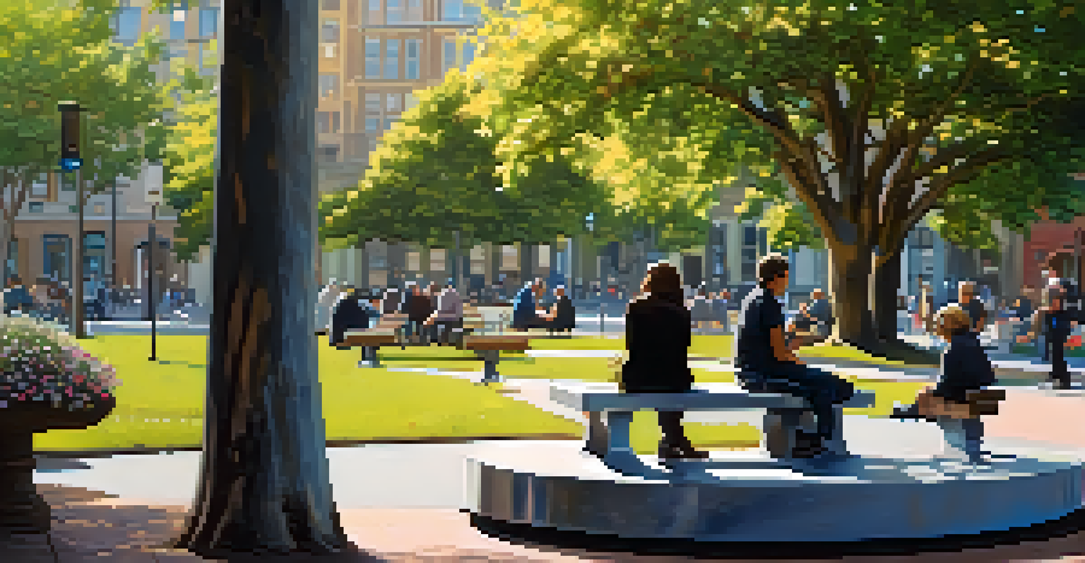 A striking sculpture in a public square, surrounded by flowers and benches, with people interacting nearby.