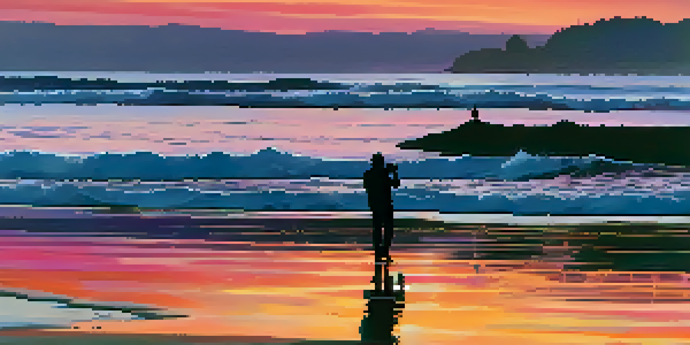 A sunset at Santa Barbara beach with a silhouette of a photographer and seabirds in the sky.