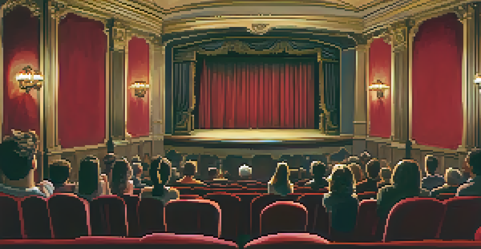 An intimate local theater with an engaged audience watching a heartfelt performance, featuring vintage decor and red velvet seats.