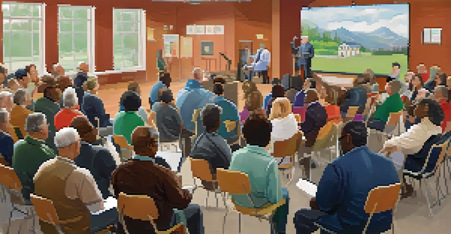 A town hall meeting with residents participating and a local leader speaking at a podium, surrounded by a welcoming atmosphere.
