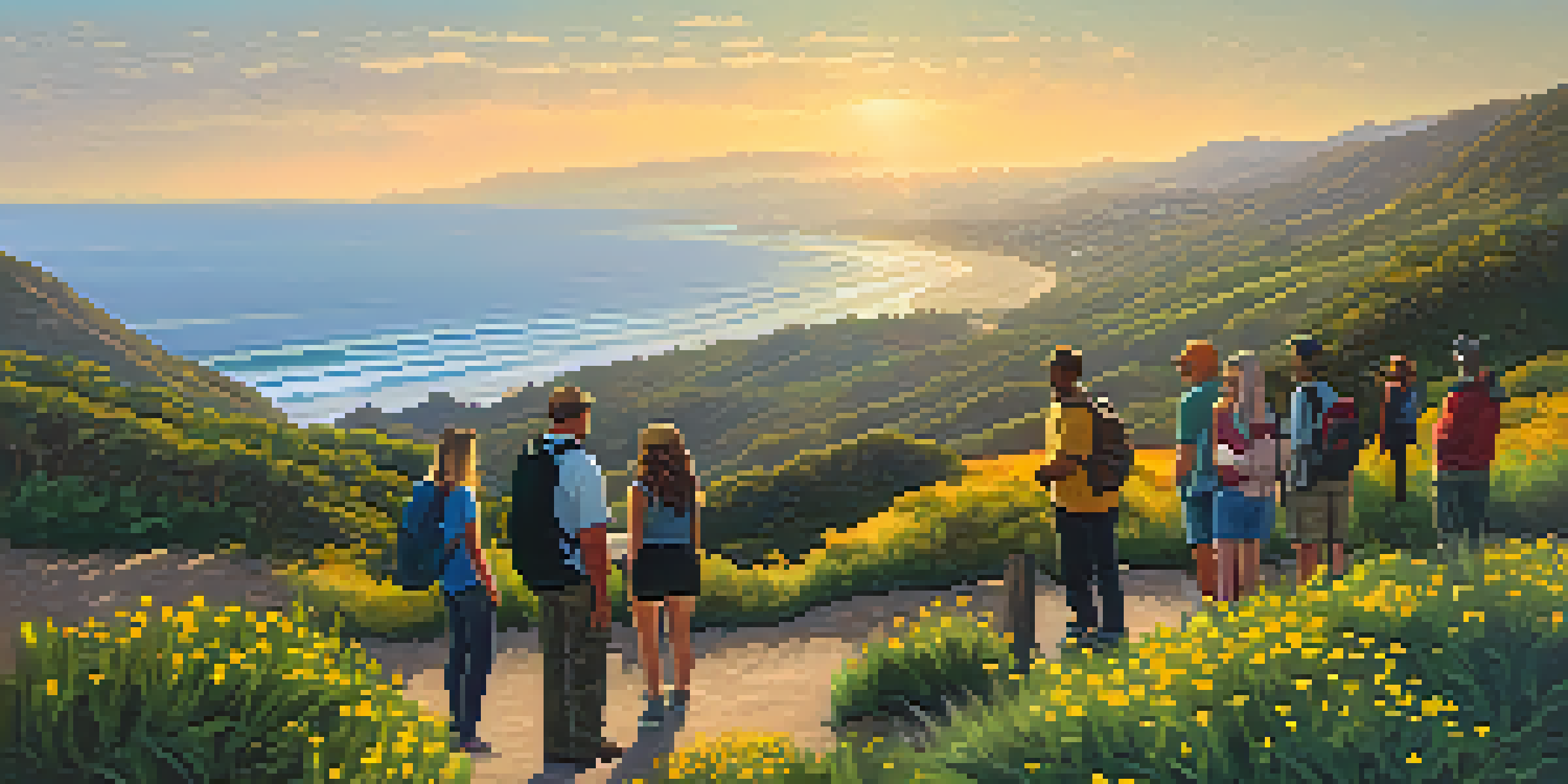 A diverse group of hikers at a scenic overlook in Santa Barbara during sunset, enjoying the coastal views and engaging in conversation.