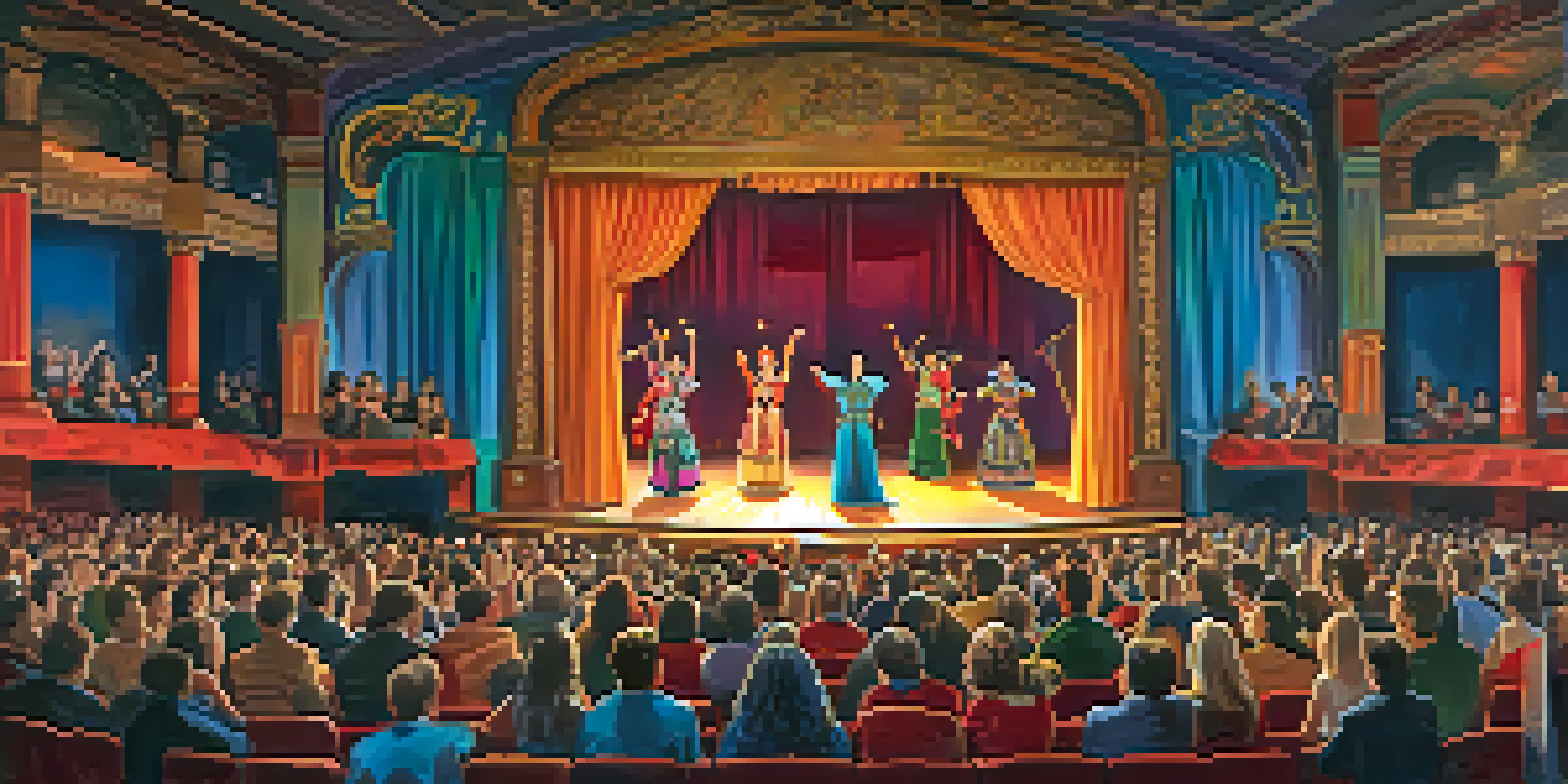 A lively local theater performance with actors in colorful costumes and an engaged audience.