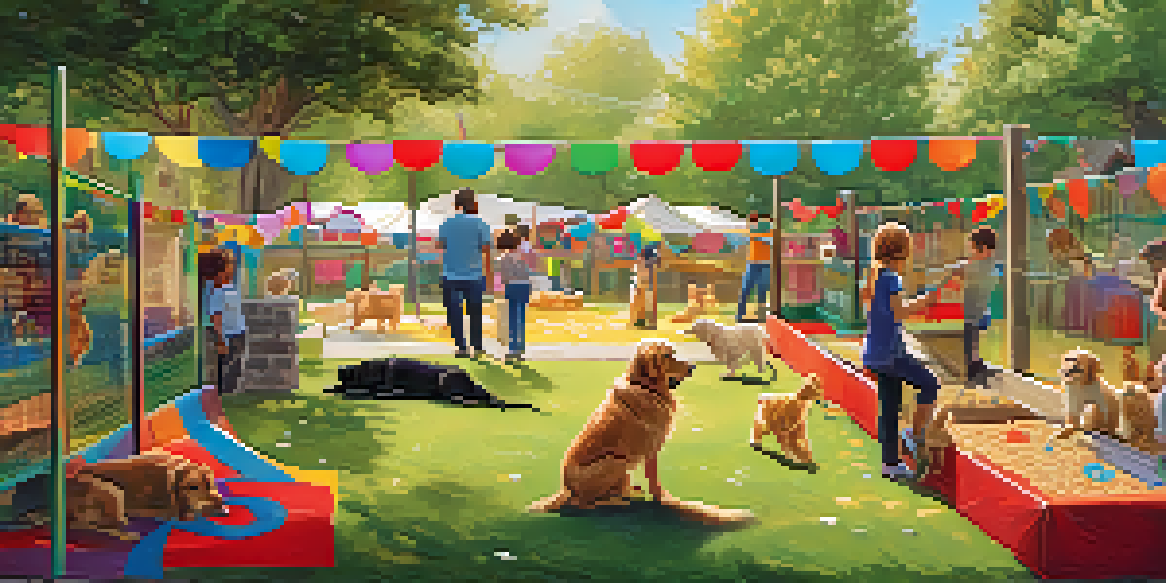 A cheerful pet adoption event with children and adults interacting with dogs and cats, colorful decorations, and an obstacle course.