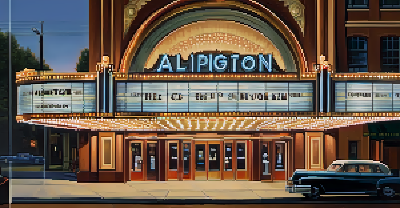 The Arlington Theatre's exterior at dusk with glowing marquee lights and mist around the entrance.