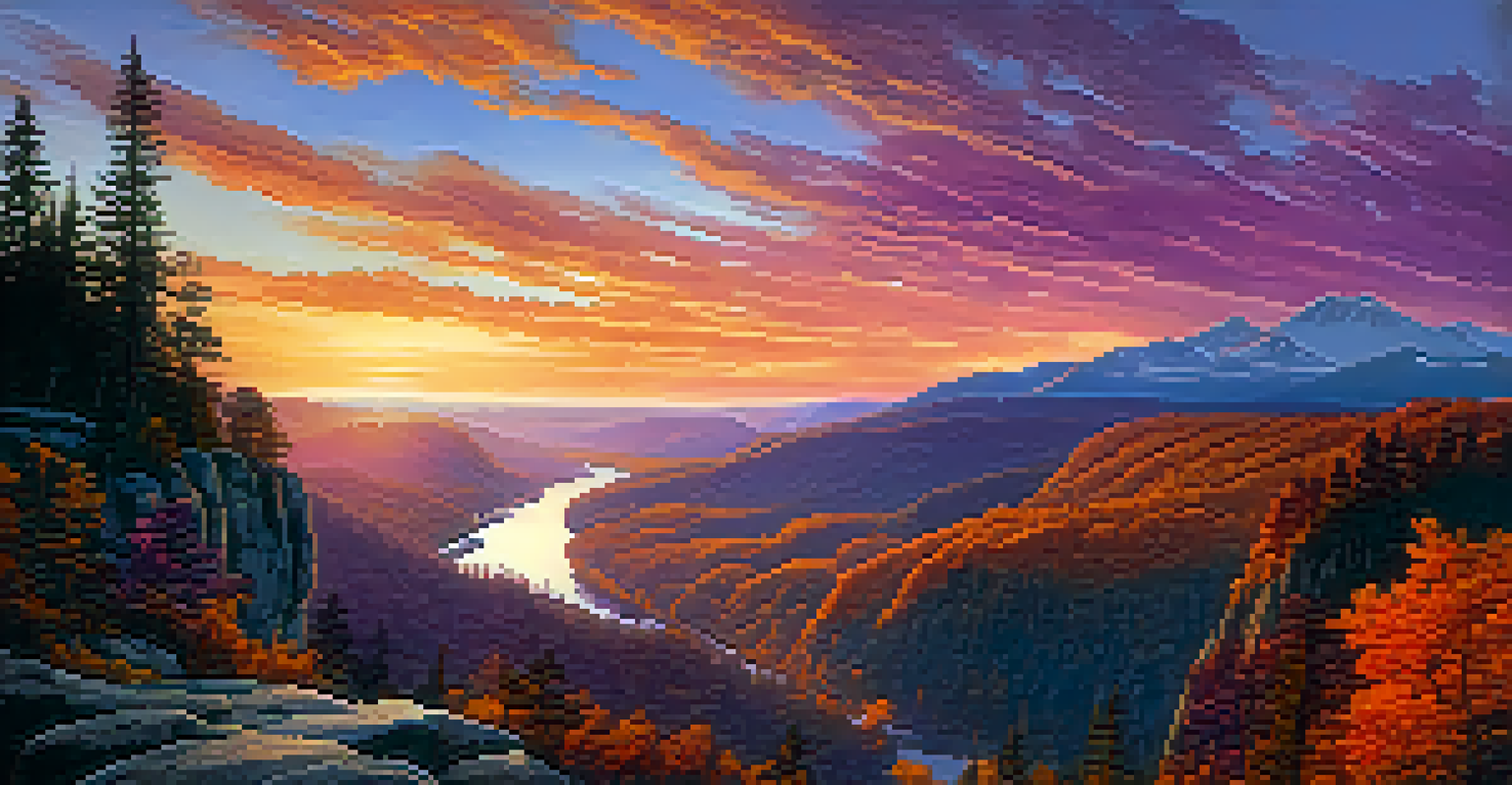 A stunning mountain overlook at sunset with colorful skies and a couple admiring the view.