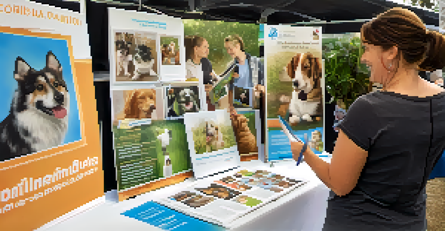 An informative booth at an animal rescue event with a representative holding brochures about pet adoption and decorated with posters of adoptable pets.