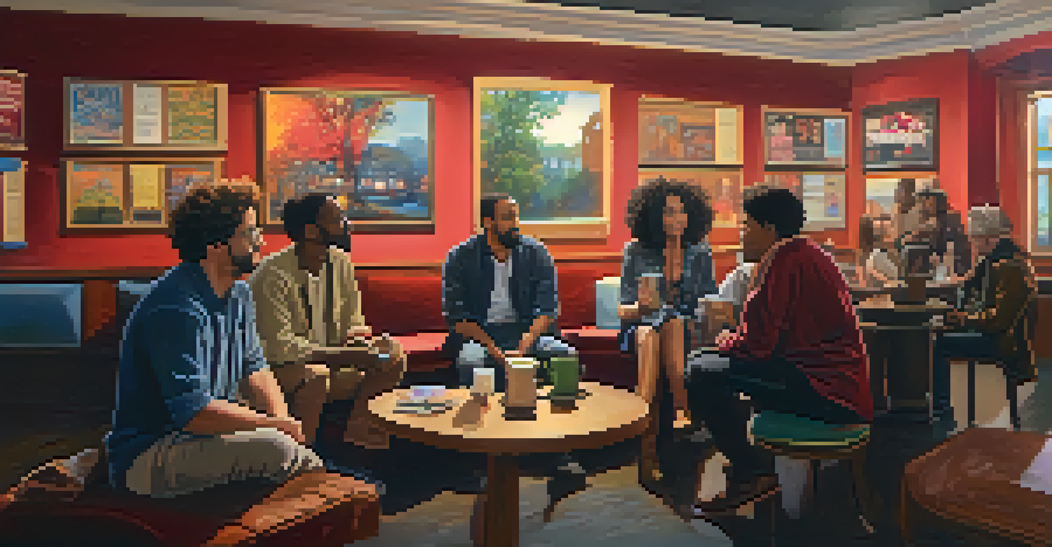 A group of diverse people engaging in a post-show discussion in a cozy theater lobby, surrounded by colorful production posters.