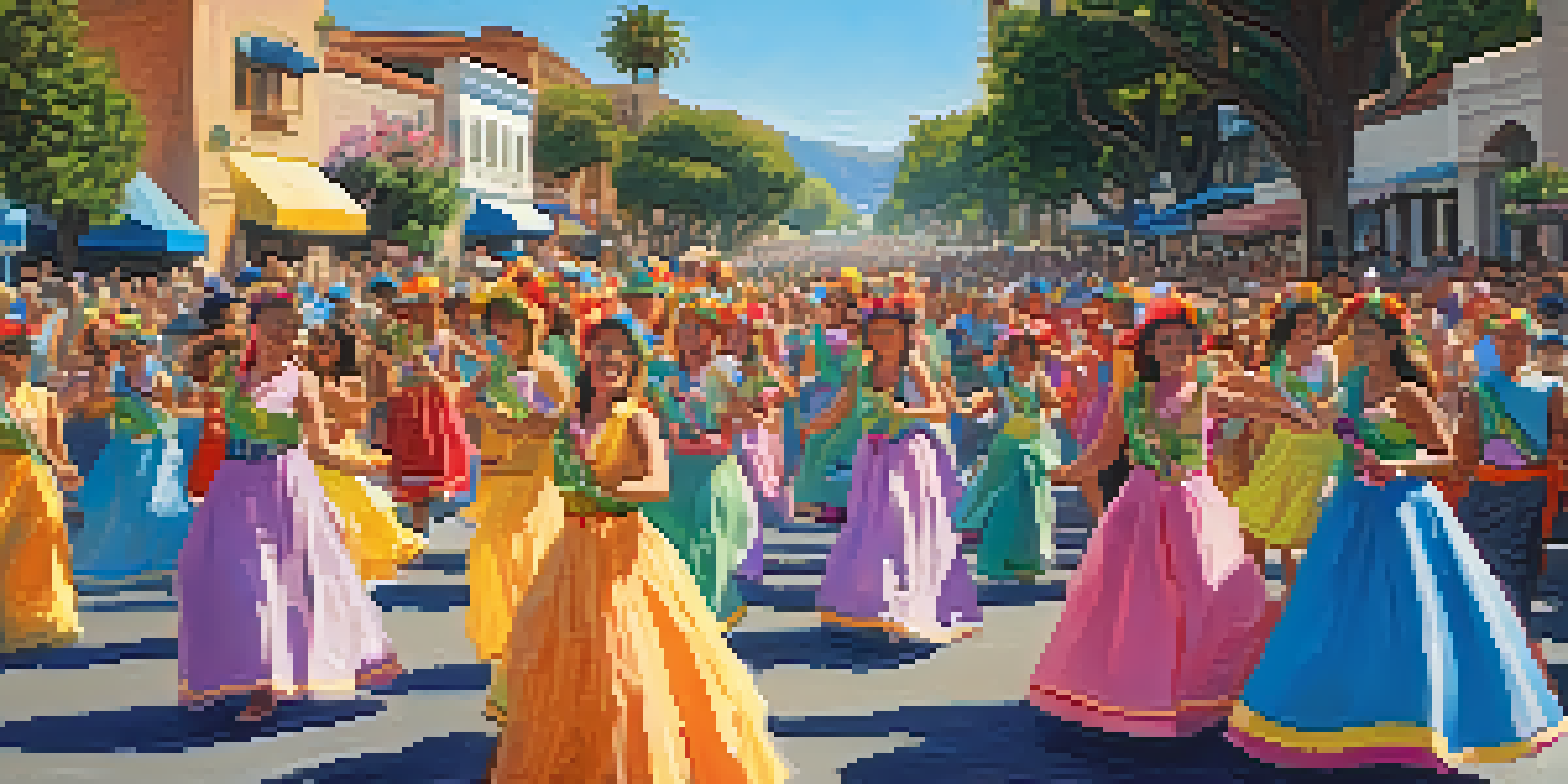 A lively parade during the Summer Solstice Celebration in Santa Barbara, featuring participants in colorful costumes dancing joyfully along a sunlit street.
